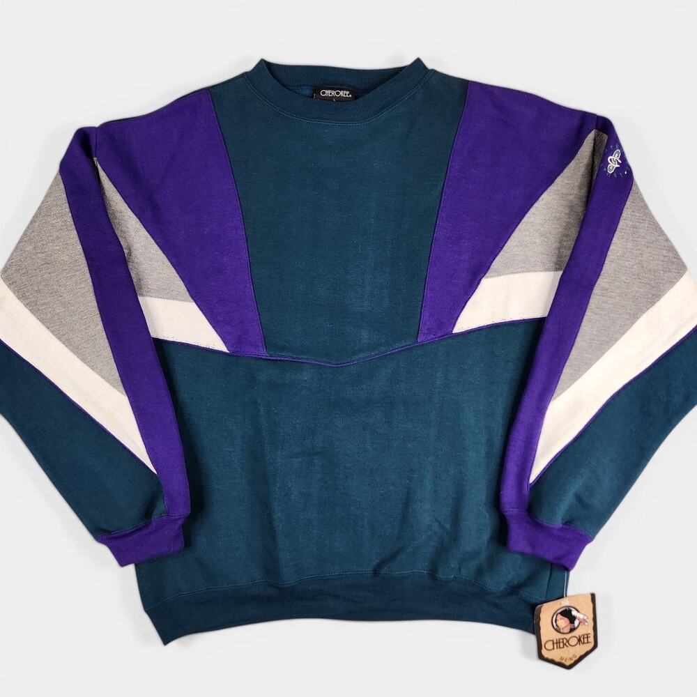 VTG 90s Cherokee Sweatshirt Mens Large Teal Colorblock Crewneck Fleece Pullover